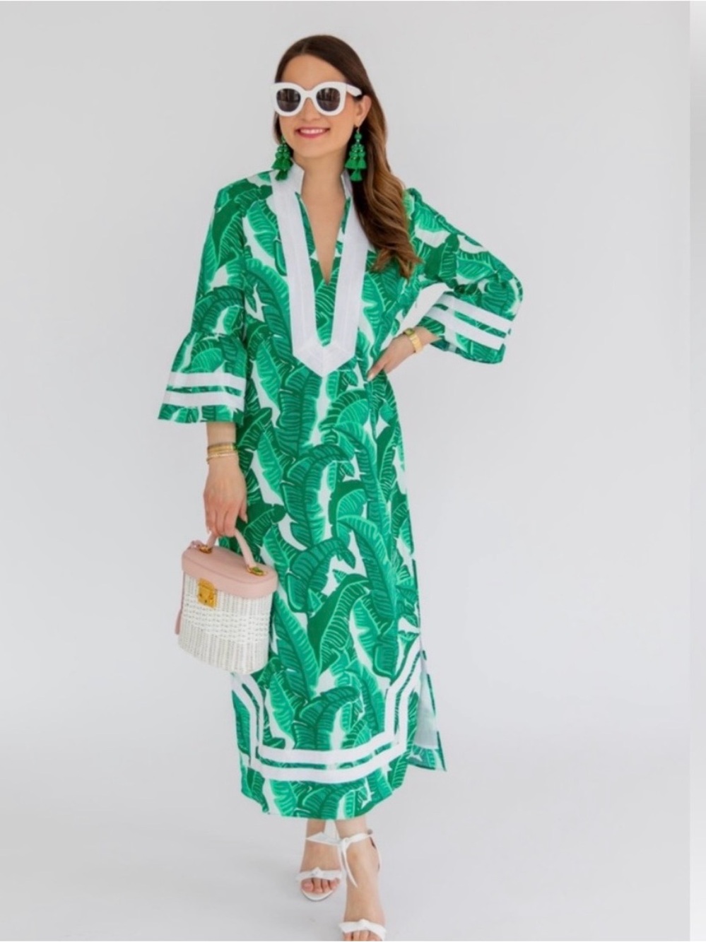 STS -Green Leaf-Print Women’s Kaftan Dress !! Like New! Small
